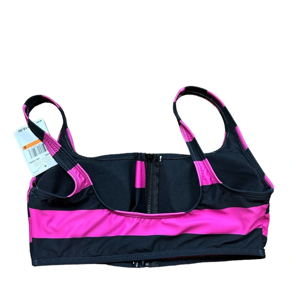 MICHAEL KORS: NWT Zip Front Pink Black Striped Bikini -Size Small